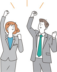 ガッツポーズをするスーツ姿の男女