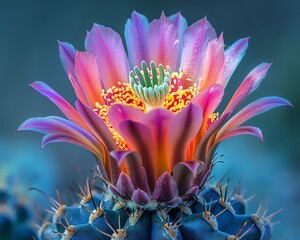Fototapeta premium Macro view of a cactus flower, highlighting its vibrant colors and spiky textures