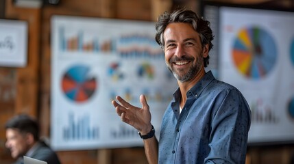 Fototapeta premium Confident businessman presenting data charts during a meeting in a modern office.