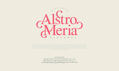 Alstomeria premium luxury elegant alphabet letters and numbers. Vintage wedding typography classic serif font decorative vintage retro. creative vector illustration