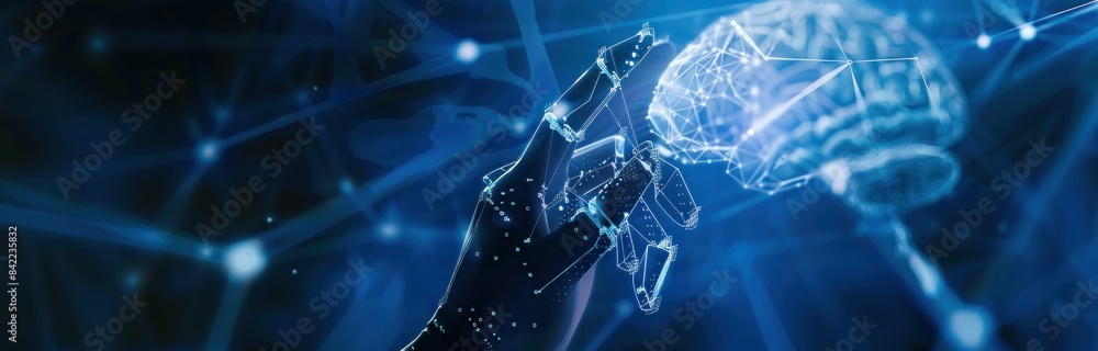 Poster brain connections exploring the network of neural pathways on a blue background with hand holding br