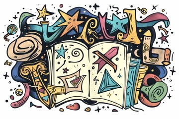 Cartoon cute doodles of a magical spellbook with tangled runes and mysterious symbols, Generative AI