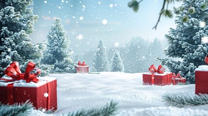 Enchanting Winter Wonderland Background with Red Gift Boxes and Pine Trees
