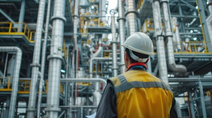 Fototapeta premium close-up of industrial pipes of oil refinery, back of engineer, technician, reading drawing, drawing, industrial engineering, blueprint, industrial background.