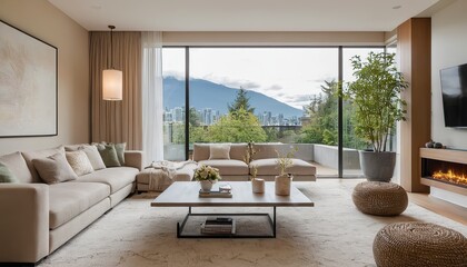 Exquisite living area in a newly built luxurious contemporary house Showcasing high arched ceilings