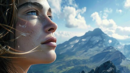 A happy woman smiles in a closeup with a beautiful mountain landscape in the background. She enjoys leisure and recreation while traveling in the natural landscape AIG50