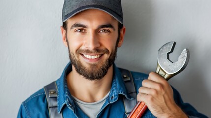 Minimalistic portrait of a plumber with a wrench on a bright white background. The clean and cheerful style captures the professionalism and readiness of the tradesperson.
