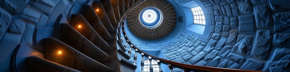 Fototapeta premium A spiraling staircase in a tall stone tower like in a lighthouse. 