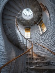 Fototapeta premium A spiraling staircase in a tall stone tower like in a lighthouse. 