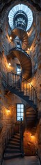 Fototapeta premium A spiraling staircase in a tall stone tower like in a lighthouse. 