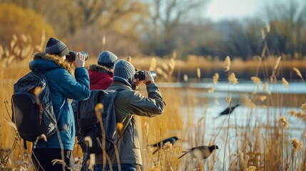 Three people birdwatching with binoculars by a lake.