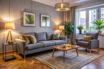 Fototapeta premium Interior of living room with cozy grey sofa, armchair and glowing lamps