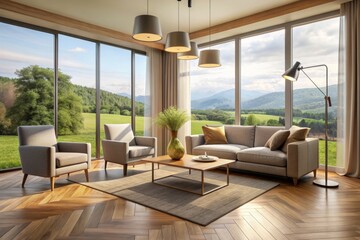 Fototapeta premium Modern living room interior with two chairs and couch on parquet floor, lamp and window on countryside. Minimalist relaxing room with coffee table