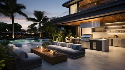Fototapeta premium Entertainer's paradise featuring a sleek outdoor kitchen, a built-in BBQ grill,