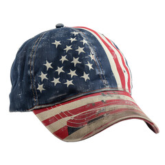 Fototapeta premium Vintage American flag-themed baseball cap with distressed fabric. Patriotic hat displaying stars and stripes. Ideal for casual wear. Isolated on transparent background
