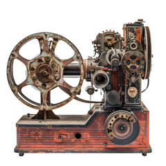 Naklejka premium Vintage mechanical projector with rust and gears, showcasing intricate details and antique charm in an aged machine. Isolated on transparent background