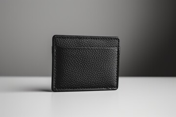 Black leather card holder on white surface.