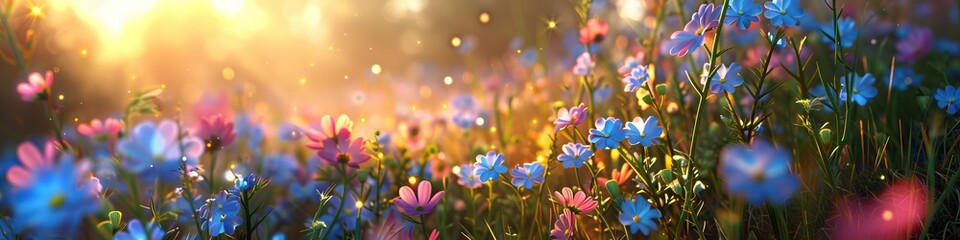 Fototapeta premium A beautiful hillside with pink and blue wildflowers at sunset. 