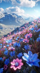 Fototapeta premium A beautiful hillside with pink and blue wildflowers at sunset. 