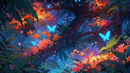 蝶が舞う森のイラスト,Generative AI AI画像