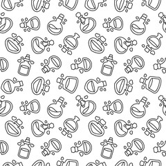 Love potion. Seamless pattern. Coloring Page. Stoppered glass bulb with heart. Aphrodisiac flask. Valentine's day. Hand drawn style. Vector drawing. Design ornaments.