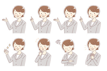 スーツを着たボブヘアーの若い女性の表情セット
