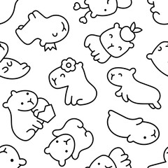 Kawaii happy capybara. Seamless pattern. Coloring Page. Cute cartoon funny animals character. Hand drawn style. Vector drawing. Design ornaments.