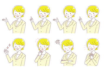 スーツを着たボブヘアーの若い女性のシンプルタッチ表情セット