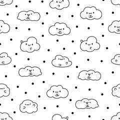 Cute and kawaii cloud. Seamless pattern. Coloring Page. Cartoon weather character. Hand drawn style. Vector drawing. Design ornaments.