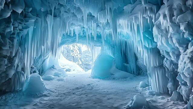 A frozen wonderland enclosed in a crystal ice cave where a magnificent frozen waterfall serves as the centerpiece of the dazzling display of ice formations.