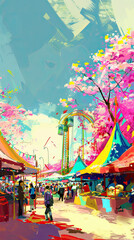 Fototapeta premium Vibrant spring carnival scene with festive tents, rides, and blooming trees, pop art digital painting.