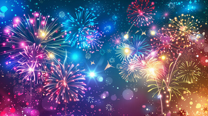 A vibrant and colorful display of fireworks lighting up the night sky. The fireworks burst into an array of colors including bright reds, blues, greens, and yellows, creating a dazzling spectacle. The