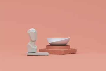 Minimal scene with stone product display podium. Peach fuzz and white colors scene. Trendy 3d render for social media banners, promotion, cosmetic. Geometric shapes interior.	