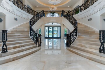 A grand entrance foyer in a modern luxury home featuring a double staircase made of marble, with an elaborate wrought iron railing