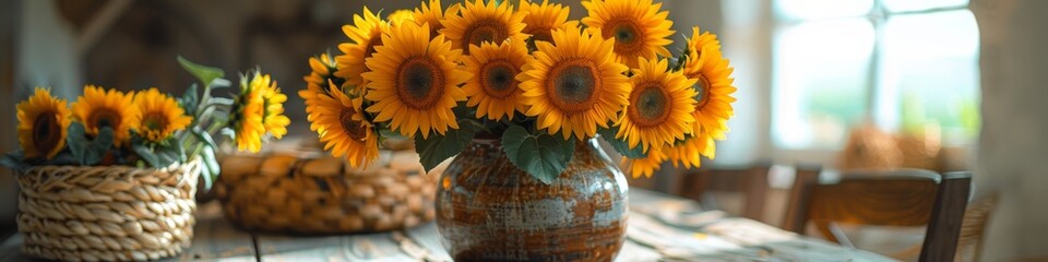 Fototapeta premium A vase of sunflowers on a rustic wooden table. 