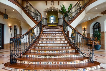 A grand entrance in a luxury house with a dual staircase, each step adorned with custom, hand-painted tiles and a decorative wrought iron railing