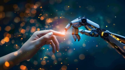 A human hand and a robotic hand touch fingertips, symbolizing collaboration and technological advancement.  The image is set against a dark background with bokeh lights.