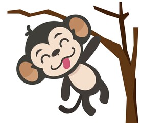 Cute cartoon monkey hanging on a tree branch, smiling and having fun. Perfect for kids' illustrations and educational materials.