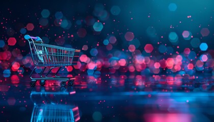 Red metal shopping cart sits empty under city lights, a lonely reminder of forgotten purchases