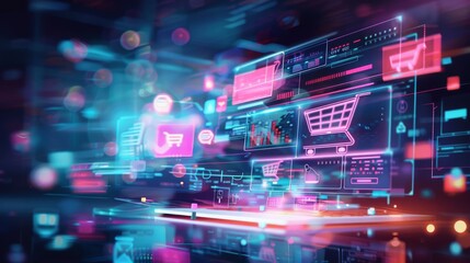 Fototapeta premium Abstract digital illustration of a futuristic online shopping experience, featuring glowing icons and a digital interface.