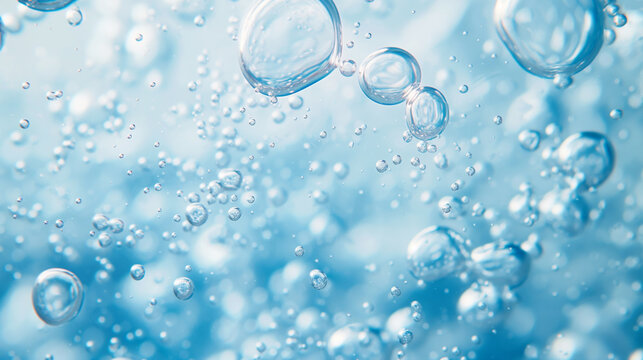 炭酸の泡が輝く背景にグラスに注がれたソーダとボトル、炭酸飲料の夏イメージ_炭酸水・プール・海