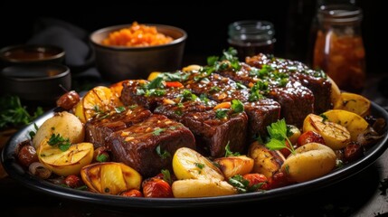 Fototapeta premium delicious pot roast meat with black and blur background
