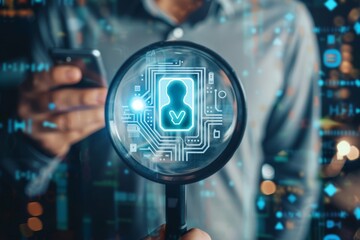 A magnifying glass on an electronic chip with user avatar ICONS and checkmark symbols, human resources, HR management concepts, recruitment, leadership and team building. Recruitment process,