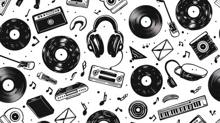 Music vinyl record and headphones doodle pattern sketch style, key tone note icon black white color hand drawing.
