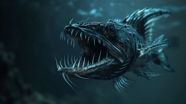 viperfish swimming in the depths of the sea, viperfish with sharp teeth and a scary black body, the faint blue light from the surface of the water highlights its myster, AI generated Images