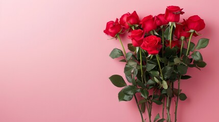 Obraz premium Red roses on pink background with copy space for text