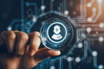 Magnifying glass on digital identities close-up, character ICONS and check marks, technical interfaces floating in the background, identity security technology used by businesses