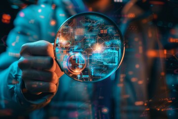 Fototapeta premium Magnifying glass on digital identities close-up, character ICONS and check marks, technical interfaces floating in the background, identity security technology used by businesses