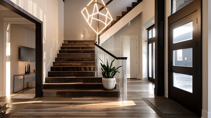 A luxurious foyer with a staircase that combines rustic reclaimed wood steps with ultra-modern clear acrylic balusters, under a geometric pendant light