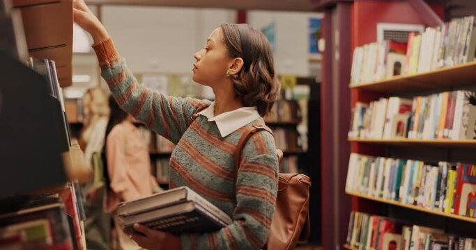 Shelf, book and girl in library for return at university, college or school campus for education. Replace, learning history and student with scholarship studying knowledge, research and information